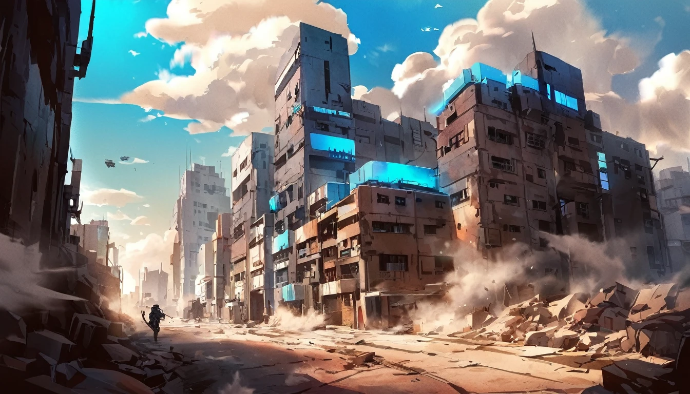 Streets of a ruined city, derbis and clouds of dust everywhere, blue neon hue, watercolor style, sci-fi 