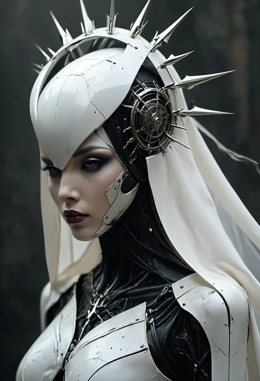 front view of a dark priestess holy cyborg necromancer girl wearing a white veil with a tiara and spiky crown on her head, symmetrical composition, oil painting style artstation concept character design in the style of James Gurney and Greg Rutkowski and Ross Tran, renaissance era ,cyberpunk art,gothic art,trending on Artstation,cgsociety,purism,faceless++ noface++ faceless ,no face ,faceless, featureless, non-anthropomorphized, blank, unmarked, anonymous, indistinct, undefined, vague, impersonal, expressionless, unidentifiable, characterless,formless, amorphous, nondescript, neutral, undifferentiated, abstract, generic, unspecified, uniform, simplistic, non-descript, bare, elemental ,shapeless, unformed, structureless, generalized, basic, unembellished, plain, minimalist, stark, unadorned, unelaborated, unornamented, unembodied,faceless++,bubble helmet,noface , cyborg