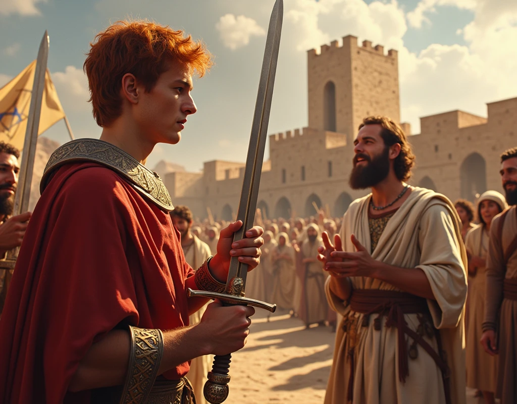 18 year old young man with short red hair and sword in hand being anointed king and symbolic images of his reign, along with him the prophet Samuel in the background a castle with the flag of Israel with many happy people