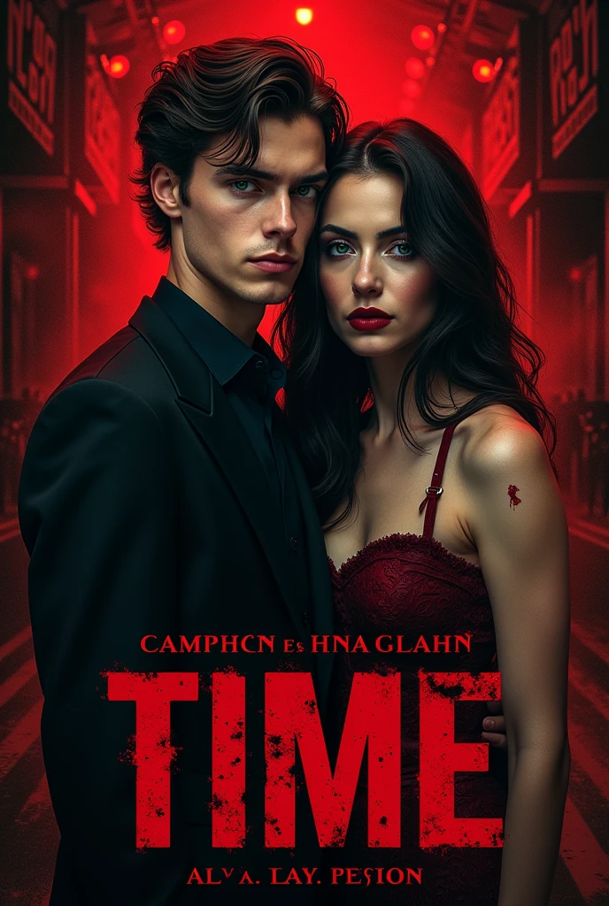 A cover for wattpad,Let it be inspired by a half-shady circus with a guy who looks like Cameron Monaghan and a pretty girl.,They look like psychopaths and there is blood and if possible they have some kind of weapon.,The story is called time, could you put the title with cool red and black letters?,that give vibes to the joker and that the cover does not say wattpad,that the boy does not look like the joker,that looks like jerome valeska