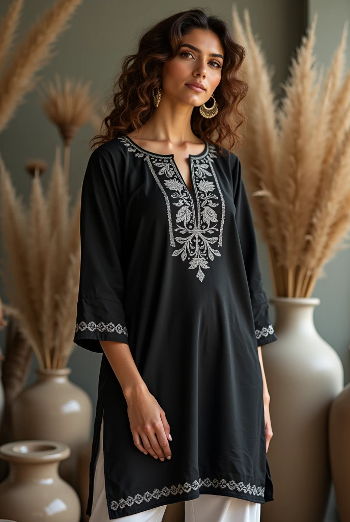 A leady standing in relax position wear a black kurti white heavy print on neck full printed sleeve white pajama pant curly hair brown eyes highlights hair vases background natural light master piece more designs 