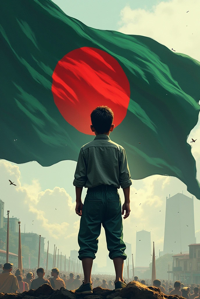 victory 2.0 of bangladesh,A strong boy celebrate,no face, cool color,bangladesh's flag of the left hand,center of the flag in typed muslims's kalima shahadat,background awesome