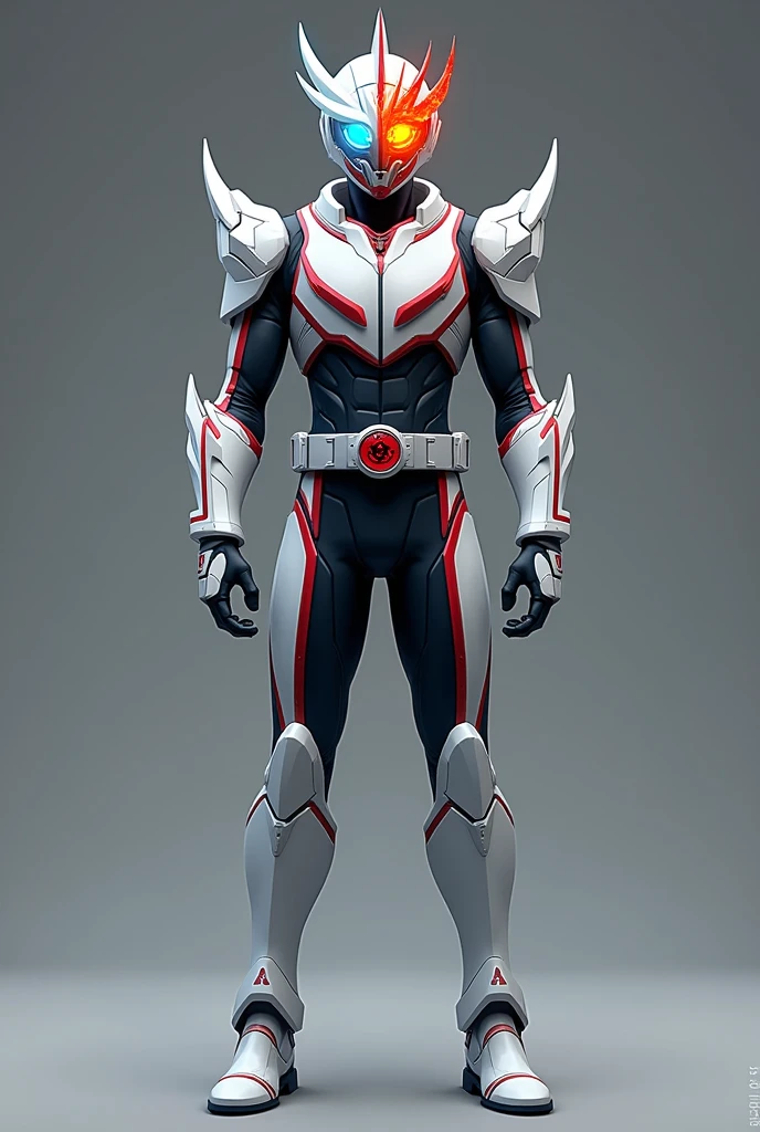 Create a Kamen Rider whose armor is based on an ice dragon and a fire phoenix with a red transformation belt with two small tubes on the side of the buckle.. With simple and minimalist style with a gray base, but with red and light blue details with a small dragon horn on the right side of the helmet and a small phoenix wing on the left side of the helmet. 

All in minimalist style without so much detail, that looks like a base form.