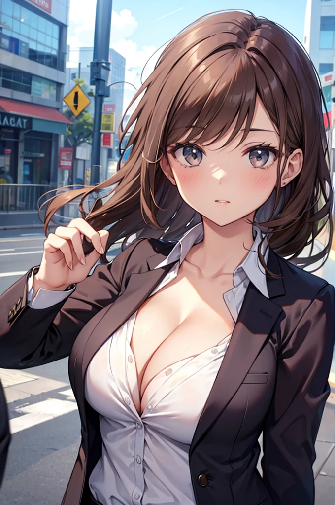 (((Cleavage))), teacher, lady, brown hair, suit, shirt