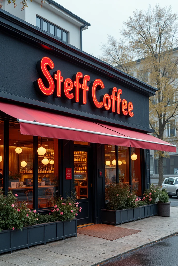 Take me a photo of a big cafeteria from the outside and the name Steff Coffe so it's realistic