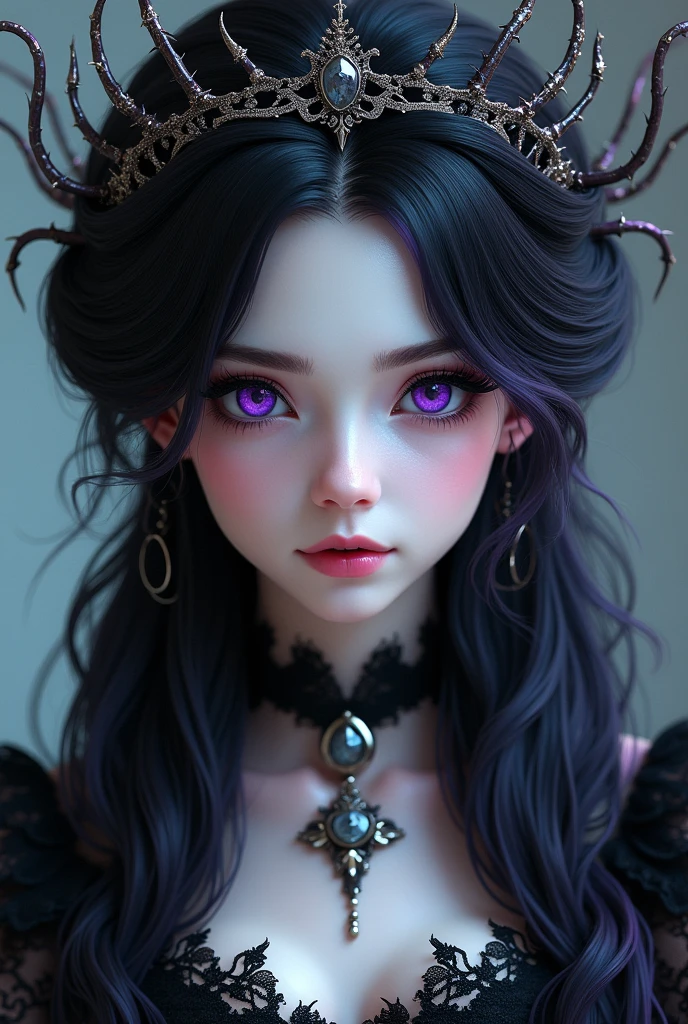  black hair purple and violet highlights in her hair and purple eyes and white skin padia elegant and gothic victorian clothes with tiara in the middle of her hair thorny hair