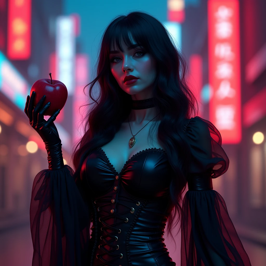 Girl,Black long hair,Black Queen,accessories,Apple in hand,Poison apples,Witch Queen,Red lipstick , Masterpiece, high quality, high resolution, volumetric lighting, subsurface scattering, 8k, Beautiful woman, (morena olho azul skin), neon sky,cidade futurista neon, látex transparente vermelho, (large butt), large breasts, (long-sleeve blouse), (cotton-shorts:1.2), wavy