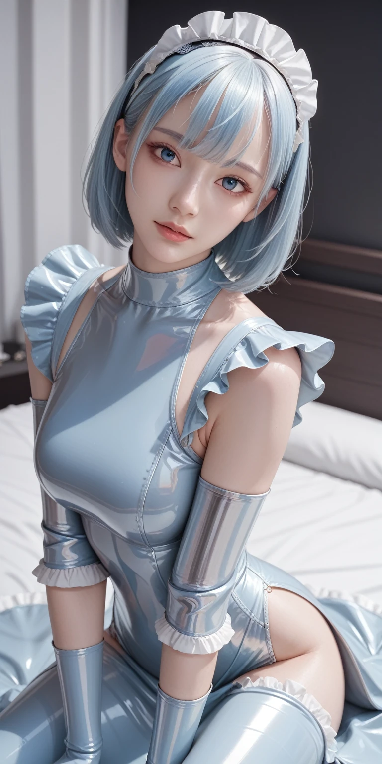 Bust up shot、(masterpiece,Highest quality,Ultra-high resolution),Japanese women, Bob hair with bangs、Maid's headband、(((Very beautiful 25 year old girl))),(Metallic light blue long sleeve latex maid outfit)、((Metallic light blue mermaid type latex long skirt))、(A long-sleeved metallic light blue latex shirt that covers the upper body)、Metallic light blue latex gloves、Metallic light blue latex socks、Metallic light blue latex bodysuit、Frills、Latex is very shiny、Dark Room、Sit on the bed