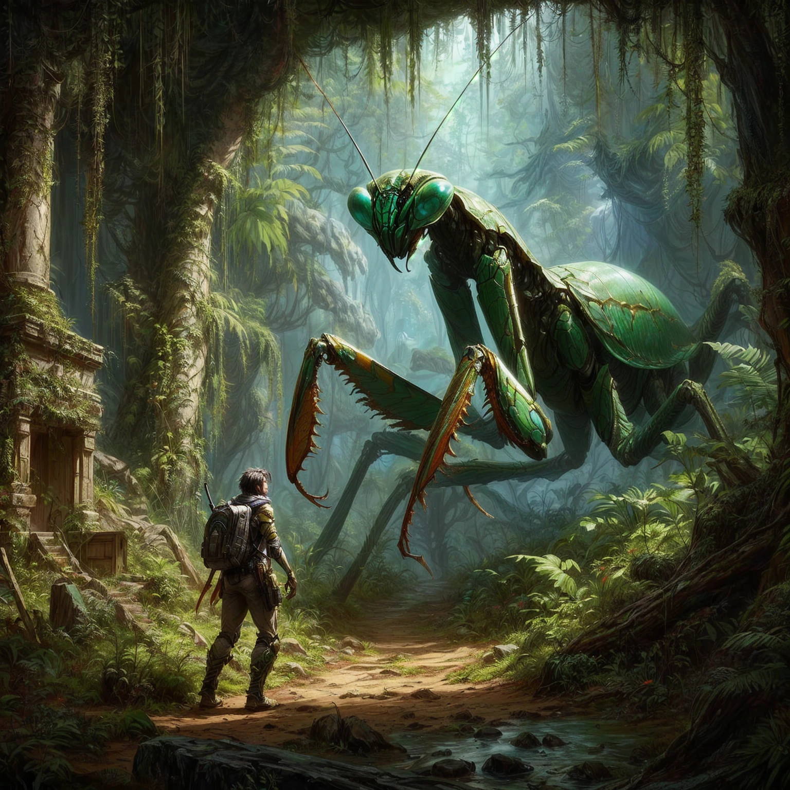 a mantisce in a cave with a man standing next to it, epic fantasy sci fi illustration, sci-fi fantasy art, ancient alien jungle, giant bugs, strange giant insects, insectoid, weta workshop concept art, giant insects, 4k fantasy art, ancient science fiction art, realistic fantasy illustration, inside an alien jungle, 8k fantasy art