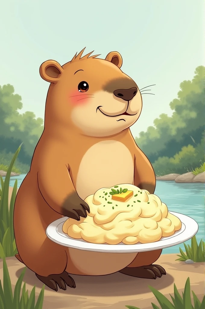 Drawing of a capybara holding a mashed potato on a plate