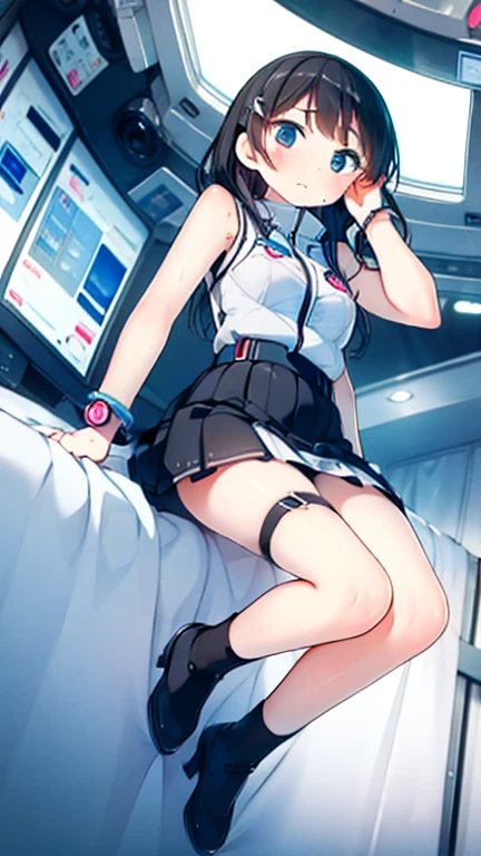 (Highest quality), (masterpiece), 1080P, High resolution, 4K, 8k, Inside the space station、Futuristic room、Thigh straps, Shooting from directly below, The woman on top of me, 白いSweat, Covered , Sweat, Woman looking down, Skirt swimsuit, Thigh-high socks, To achieve this, 16 years old, , whole body, Black leather shoes, Braided hair, Inner Color, Embarrassed face, Short black hair, bracelet, Bedroom,celestial body_Vest
