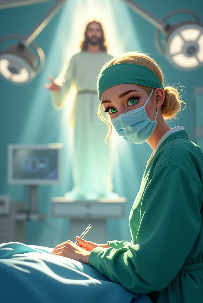 "Create an animated character of a blonde woman, wearing a surgical cap that covers his hair, with green eyes and a happy look, Remember you must wear a biosecurity mask. In the picture she is ALONE in the operating room, performing an operation under the bright lights of the room. Behind her, the figure of Jesus appears, with a soft and protective light, guiding and protecting her in her decisions. The atmosphere is serene and sacred, highlighting an environment of peace and protection."