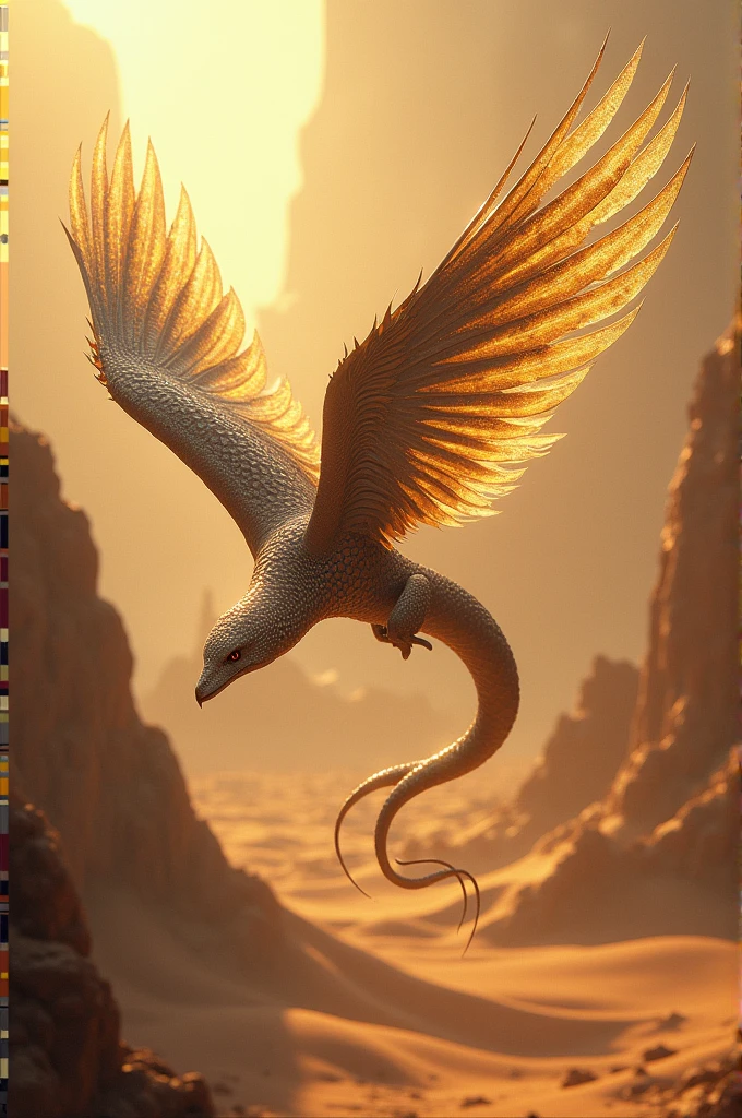 Create an animal with a combination between a snake and a bird that shines in a desert