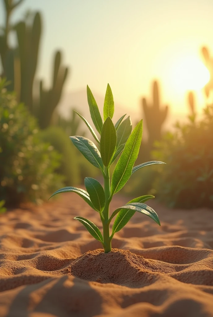 create a 3d ultra high resolution of a dry environment.
Close up view of healthy growing plant, in the background a oase of all kinds of plants. The sun is shining