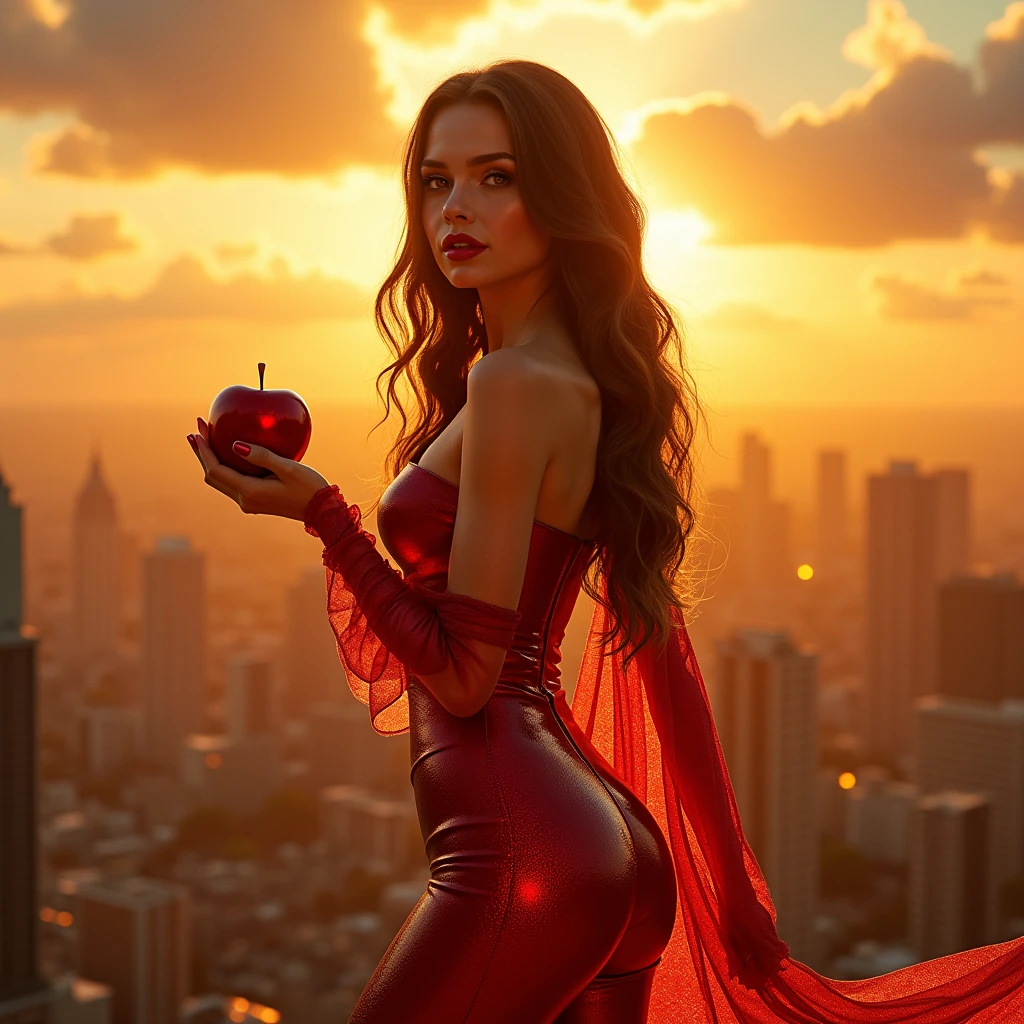 Girl macacão látex gold de frente de pé tênis branco ,ruiva caramelo long hair,Apple in hand,Poison apples,Witch Queen,Red lipstick , Masterpiece, high quality, high resolution, volumetric lighting, subsurface scattering, 8k, Beautiful woman, (morena olho azul skin), luz iluminado branco claro sky,cidade de dia sol amarelo, látex transparente vermelho, (large butt), large breasts, (long-sleeve blouse), (cotton-shorts:1.2), wavy