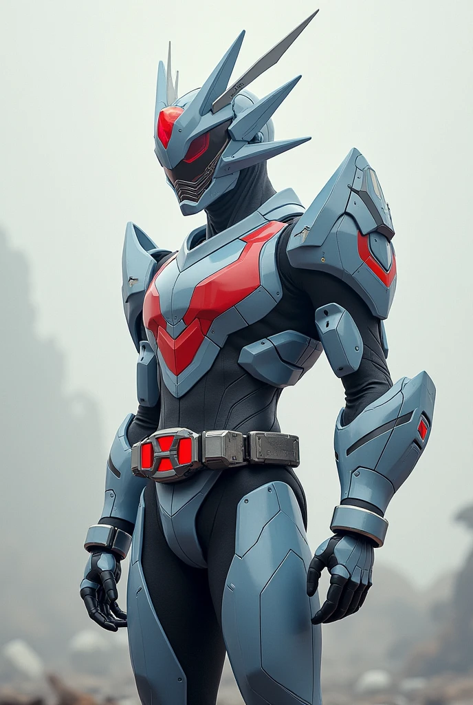 Create a Kamen Rider whose armor is based on an ice dragon and a fire phoenix with a red transformation belt with two small tubes on the side of the buckle.. With simple and minimalist style with a gray base, but with red and light blue details with a small dragon horn on the right side of the helmet and a small phoenix wing on the left side of the helmet.
All in minimalist style without so much detail, that looks like a base form.