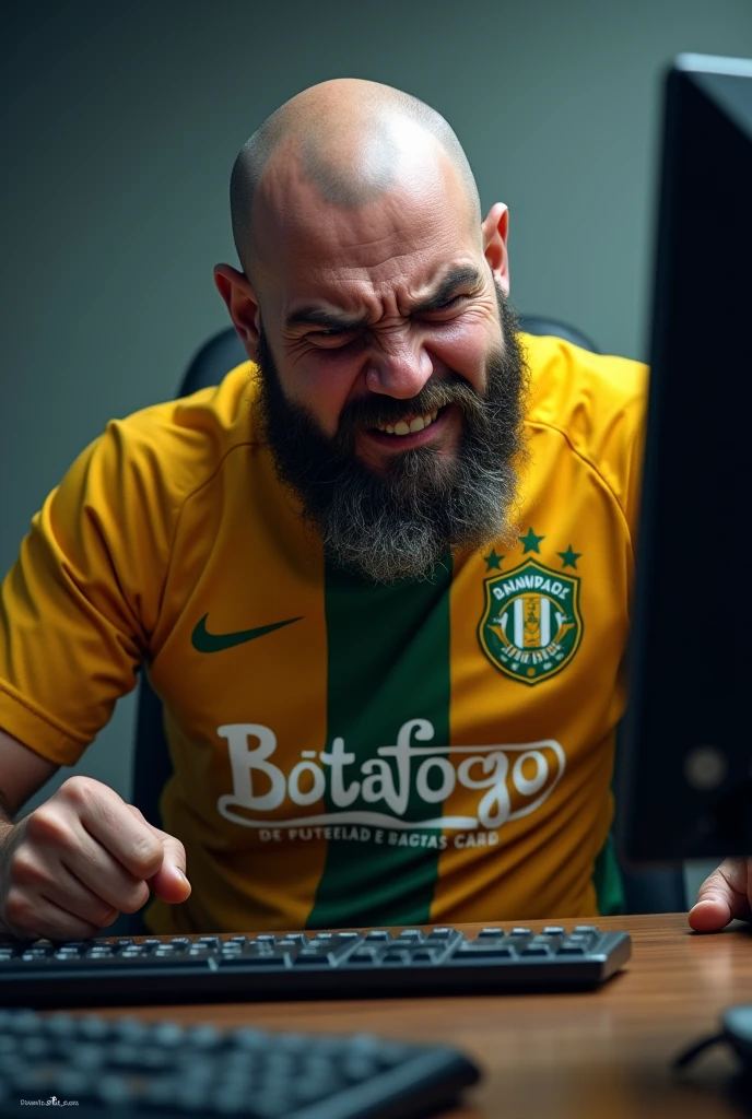 Bald and ugly man, having a beard, angry with the Botafogo de Futebol e Regatas do Rio de Janeiro shirt in front of the computer and hitting the keyboard
