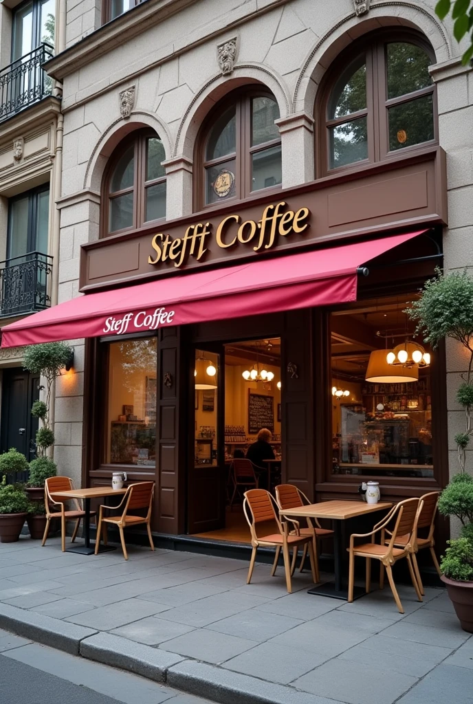 Take me a photo of a big cafeteria from the outside and the name Steff Coffe so it&#39;s realistic 