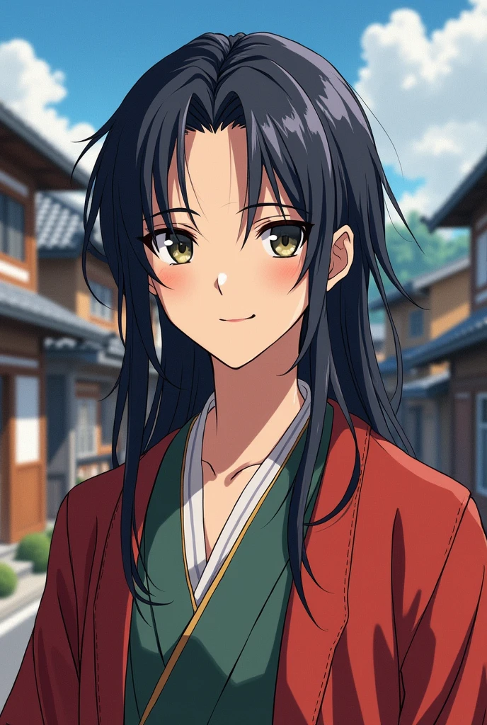 A Japanese boy with long hair little scar on forehead and handsome face and background is some beautiful houses