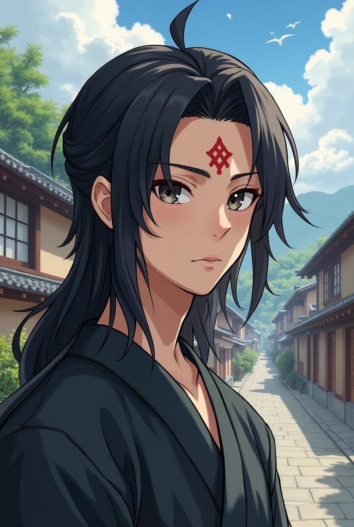 A Japanese boy with long hair little scar on forehead and handsome face and background is some beautiful houses 