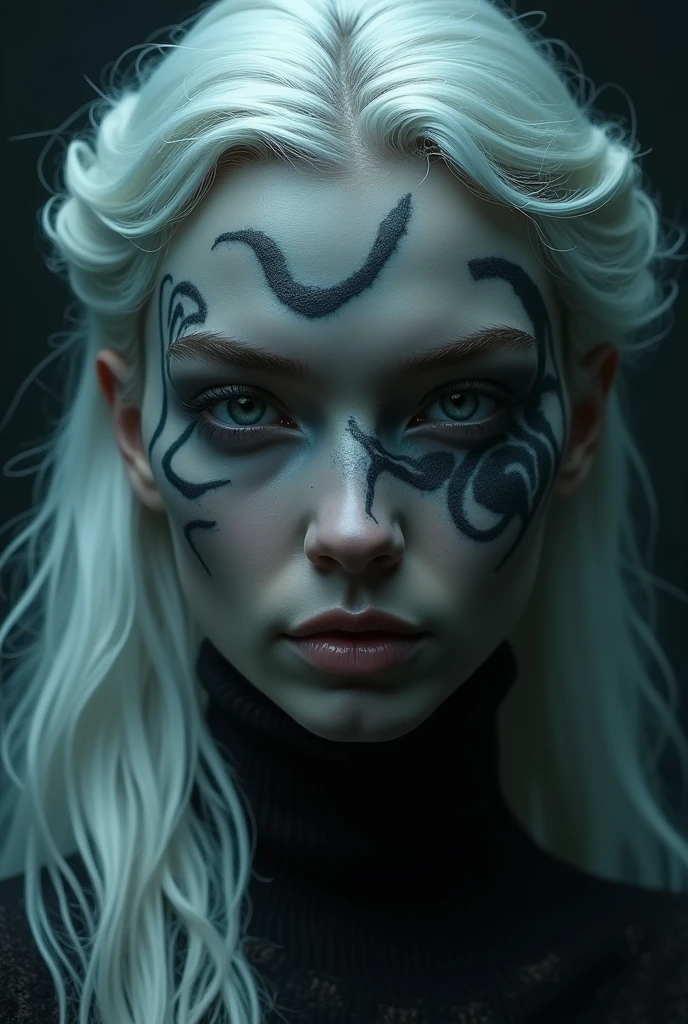 Une belle femme sirène noire, avec une peau gris foncé et de longs cheveux blancs, traits du visage complexes et détaillés, peau de porcelaine, yeux pétillants, Lèvres pleines, Silhouette mince, Queue de poisson. Il vit dans les profondeurs d'un fabuleux océan mystique avec ses habitants sous-marins, Poisson mythologique, Fruits de mer. Éclairage dramatique, scène fantastique et dramatique, atmosphère sombre et sombre, Textures détaillées, très détaillé, 8k, Cinématique, œuvre d'art primée, peinture numérique, art conceptuel, Photoréaliste, yeux détaillés. Résolution 16K,Nikon Z9, la photographie numérique, cuir ultra texturé, photographie réaliste, Cinématique effect, Lumière douce, Ombres douces, éclairage volumétrique de haute qualité