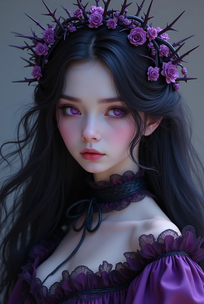 black hair purple and violet highlights in her hair and purple eyes and white skin padia elegant and gothic victorian clothes with tiara in the middle of her hair thorn-shaped hair