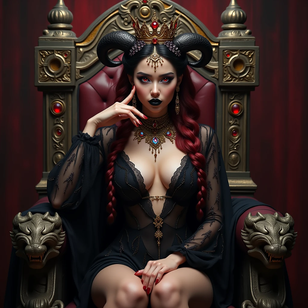 8k, RAW photo, best quality, masterpiece, realistic, photo-realistic, clear, professional lighting, beautiful face, best quality,ultra high res
female demon lord,eternal youth,25 years old,long hair,complex braids,decorations,deep red hair,jet black hair,vivid red eyes,golden eyes,eyeliner,dark lipstick,dark-toned dress,,magical gems,jewelry,crown,luxurious throne,dragon sculptures,magical symbols,sinister,exquisite decorations,crossing legs,resting cheek in hand,(full body:1.4) visible A large throne decorated with ominous yet, luxurious and precise carvings,(A sexy draped dress with a loose-fitting belly button that shows a lot of skin,:1.5)A very fine devil's horn with a very complicated structure grows from its head, and very large and ominous devil wings grow from its back.