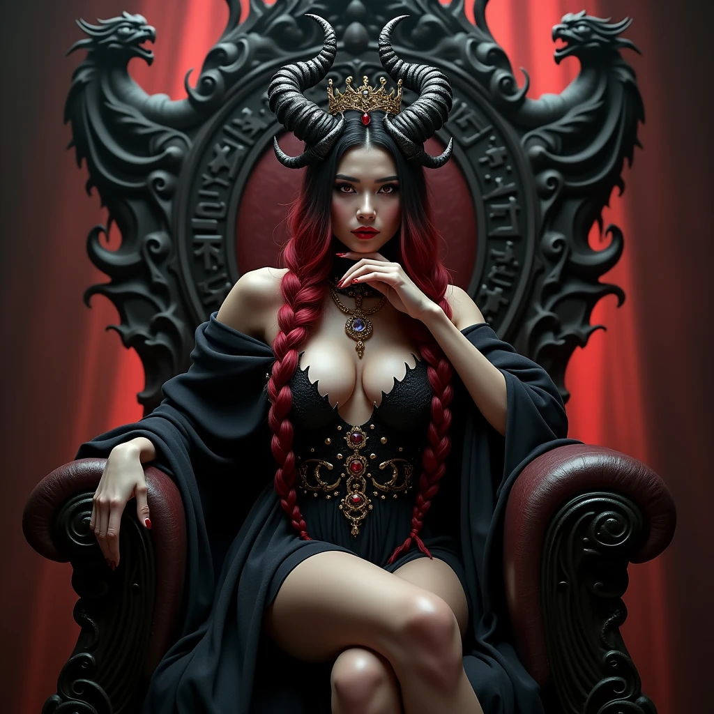 8k, RAW photo, best quality, masterpiece, realistic, photo-realistic, clear, professional lighting, beautiful face, best quality,ultra high res

female demon lord,eternal youth,25 years old,long hair,complex braids,decorations,deep red hair,jet black hair,vivid red eyes,golden eyes,eyeliner,dark lipstick,dark-toned dress,,magical gems,jewelry,crown,luxurious throne,dragon sculptures,magical symbols,sinister,exquisite decorations,crossing legs,resting cheek in hand,(full body:1.4) visible　A large throne decorated with ominous yet, luxurious and precise carvings,(A sexy draped dress with a loose-fitting belly button that shows a lot of skin,:1.5)A very fine devil's horn with a very complicated structure grows from its head, and very large and ominous devil wings grow from its back.