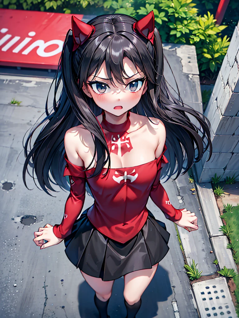 Rin Tohsaka, she is standing looking at the viewer playing with a lock of her hair, your face flushed very excited, fully body, work of art, top quality picture, super resolution, High definition, 4K, full hd, well defined and detailed image in the smallest details, she is on the roof of the school, she is wearing a red blouse that shows off her belly, and her shoulders with long black sleeves, her breasts are exposed in a small cleavage, a sexy, short black skirt makes her even sexier, and long black socks, she is on the school terrace