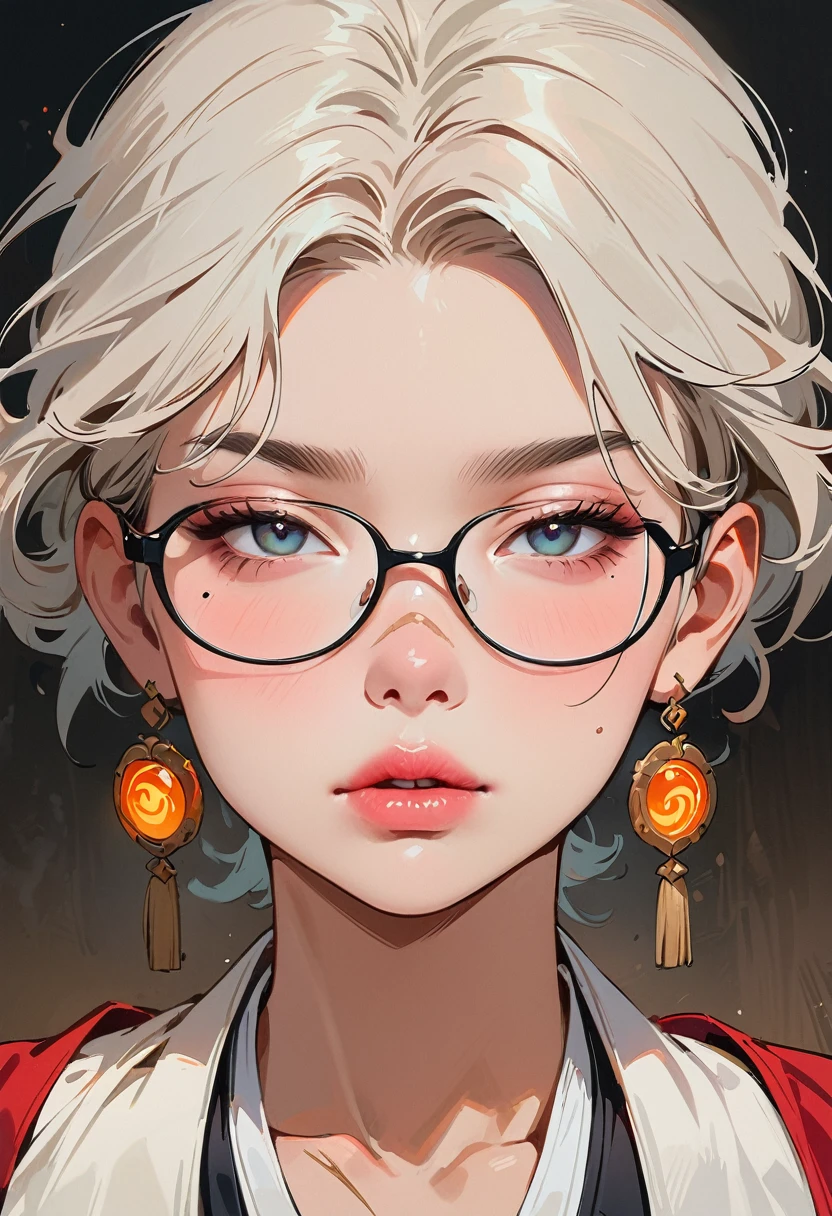 (masterpiece, best quality:1.4), 1 girl, 独奏, Anime style, Dark gray pupils, Blurred eyes, Black-rimmed glasses, Large scars on the face, Large scars, Right tear mole, Gray short hair style,, Styles of Top Portrait Artists, large breasts, White vest, steam, Vision, black background.