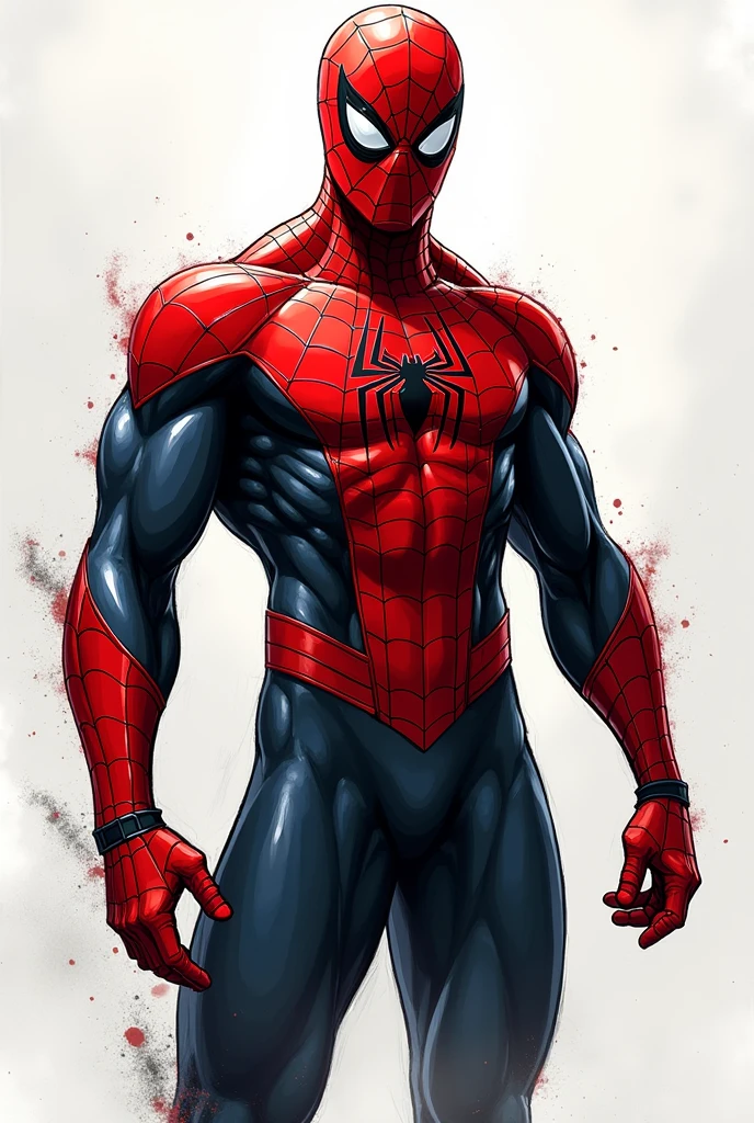 A Spider-Man with an impressive physique in Athletic shape , His suit is very similar to the classic Spider-Man, but its colors are stronger and the torso part has no sleeves but its arms have long gloves up to the elbows and its mask is also the same as the rest but it shows its black and messy hair. Anime and comic version, Her skin is pearly.