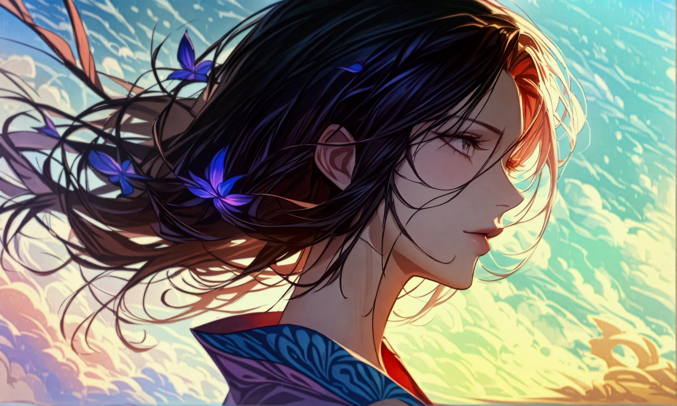 Woman, black skin, bright purple hair, luxurious high-neck dress, calm expression, "Intricate anime character design inspired by One Piece, stunning lighting, stunning focus, stunning face, creative details, ultra-fine 2D design, scenery bathed in creativity, boasting 2D anime resolution clarity, 4K, high resolution, incredible resolution, high-octane rendering"
