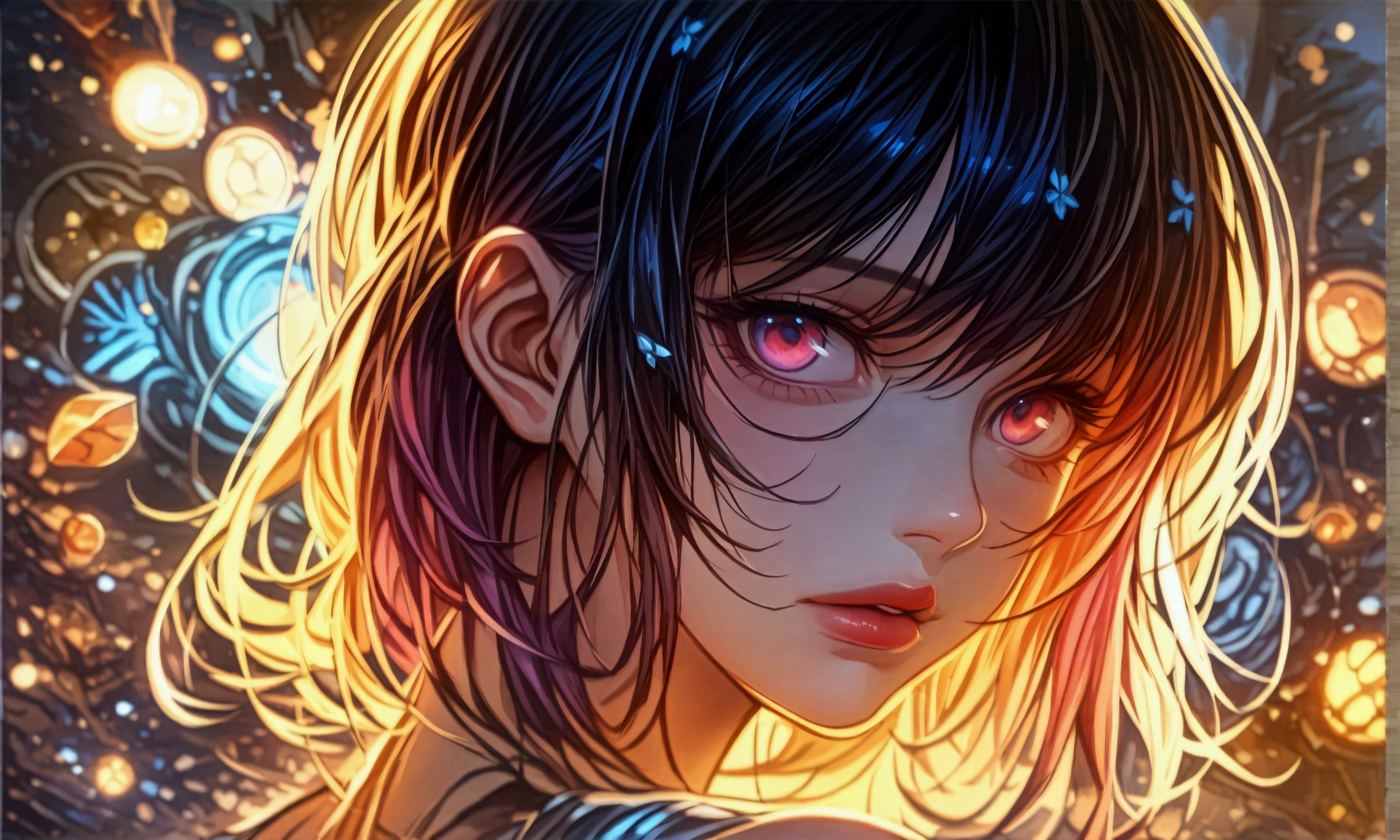 Woman, black skin, bright purple hair, luxurious high-neck dress, calm expression, "Intricate anime character design inspired by One Piece, stunning lighting, stunning focus, stunning face, creative details, ultra-fine 2D design, scenery bathed in creativity, boasting 2D anime resolution clarity, 4K, high resolution, incredible resolution, high-octane rendering"
