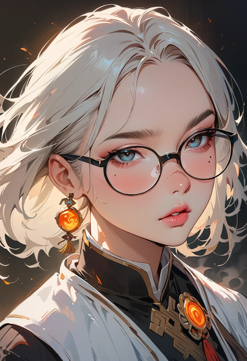 (masterpiece, best quality:1.4), 1 girl, 独奏, Anime style, Dark gray pupils, Blurred eyes, Black-rimmed glasses, Large scars on the face, Large scars, Right tear mole, Gray bald head,, Styles of Top Portrait Artists, large breasts, White vest, steam, Vision, black background.