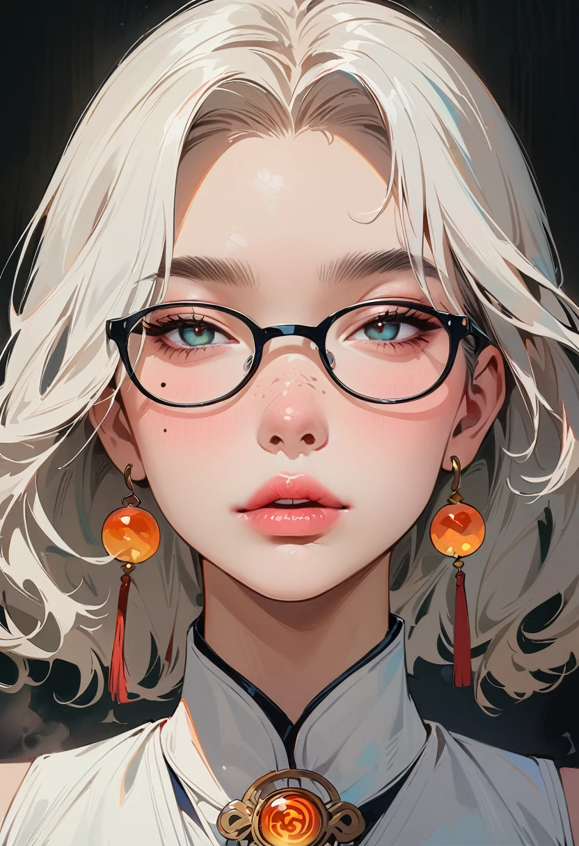 (masterpiece, best quality:1.4), 1 girl, 独奏, Anime style, Dark gray pupils, Blurred eyes, Black-rimmed glasses, Large scars on the face, Large scars, Right tear mole, Gray bald head,, Styles of Top Portrait Artists, large breasts, White vest, steam, Vision, black background.