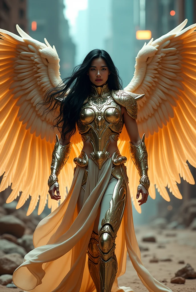 (best quality,4k,8k,highres,masterpiece:1.2),ultra-detailed,(realistic,photorealistic,photo-realistic:1.37),intricate detailed cybenchanting male Archangel, Japanes features mechanical , desert setting, Marvel superhero style, beautiful detailed eyes, beautiful detailed lips, his mid-30s with a strong Japanese features appearance, long flowing black hair, built in shimmery gold-plated armor, enchanting on his shoulders and chest, body and large wings gold and white on his back. shimmery gold and white outfit , large wings. He has chiseled abs, a muscular build, and large biceps, standing at 11'8" tall. The image should capture him walking throughout desert, with an ethereal glow and serene beauty, extremely detailed face and eyes, emerald blue eyes long eyelashes, futuristic scene, glowing neon lights, advanced technology, gritty industrial environment, moody lighting, dramatic shadows