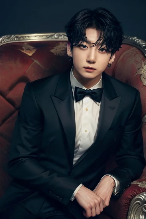 Jungkook short hair, straight, wearing a black formal suit, sitting facing forward in an elegant armchair