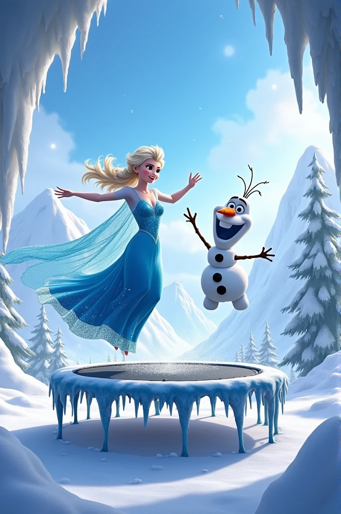 Elsa and Olaf jumping on a trampoline