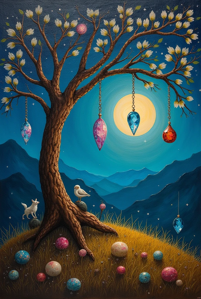 A French post-impressionist painting in the Naïve or Primitive manner of a magical relaism gemstone hanging tree in landscape moonlit wonder animals