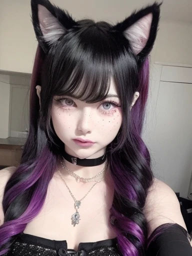 Create a highly detailed and realistic illustration of Catwoman (Cat girl). Characters should have large, expressive eyes,With a little anime style, The freckles on her cheeks, And soft makeup. Her hair should be a mix of dark purple and pink, Slightly messy but charming, Cat ears sticking out from the top. Wearing a black punk lace sexy spaghetti strap dress ,Wearing a rhinestone necklace. The overall style should combine reality and fantasy.
