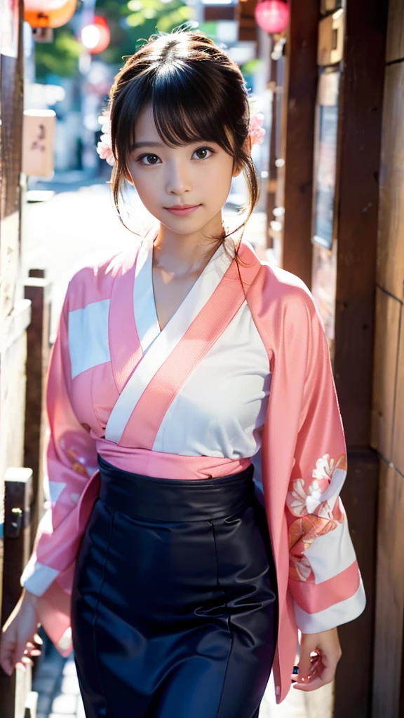 masterpiece, Highest quality,16K, Ultra-high resolution,The light and shadow of reality,Cinema Lenses,((Her waist is so slim and beautiful)),((High nose、Small Mouth)),((Clean and slim face line)),((Big dark eyes with long eyelashes)),((Very small face))((Very slim and beautiful arms)),((She is very thin and has a great figure)),((Pure white beautiful skin)),((Cute Japanese Girls)),(((She is wearing a bright pink kimono、yukata))),((Walking the streets of Tokyo)),(Beautiful Eyes:1.1),Reflecting clear eyes and a gentle smile,