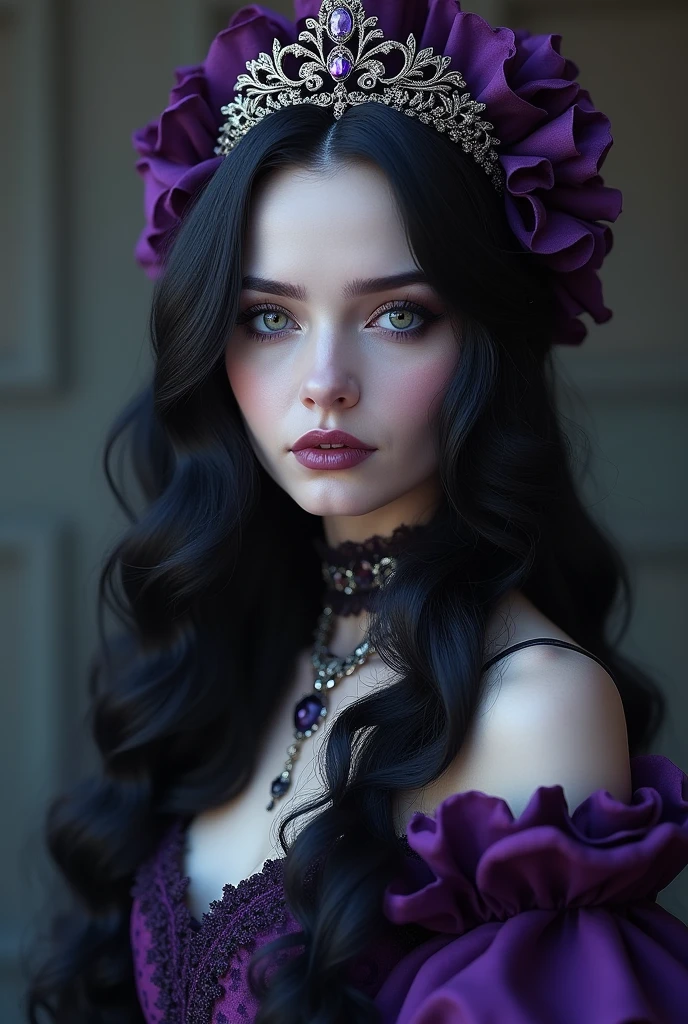 black hair purple and violet highlights in her hair and purple eyes and white skin padia elegant and gothic victorian clothes with tiara in the middle of her hair hair