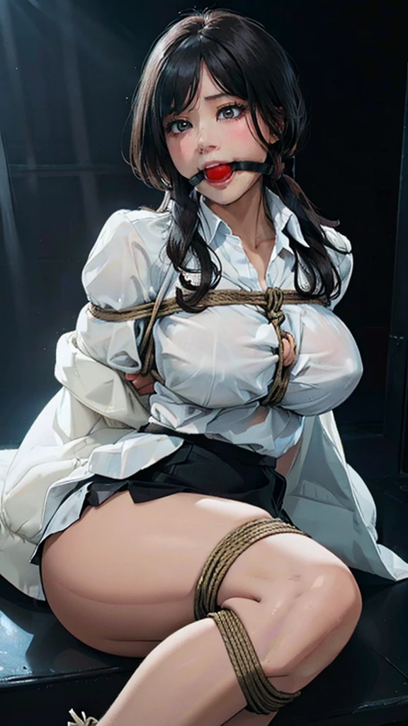 (masterpiece:1.2, Top quality), (Practical, photoPractical:1.4), Nice illustration, (Natural side light, Movie Lighting),
Looking at the audience, 1 girl, front,Red long hair, Perfect body, White shirt,Black coat,Black hip skirt,Perfect thighs,Sexy body,Show your thighs,Big breasts,Background in the office,bondage (Shibari,hands tied behind back:1.5), (Shibari:1.21),Tied up, legs tied, ballgag