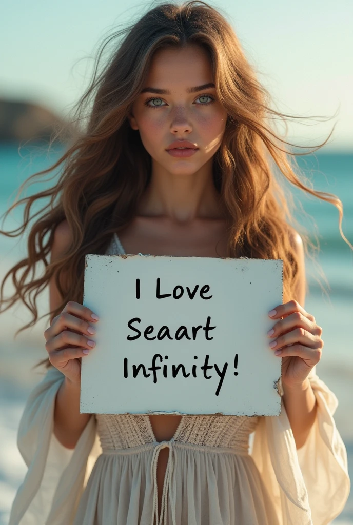 Beautiful girl with wavy long hair, bohemian dress, holding a white board with text "I Love Seaart Infinity" and showing it to the viewer