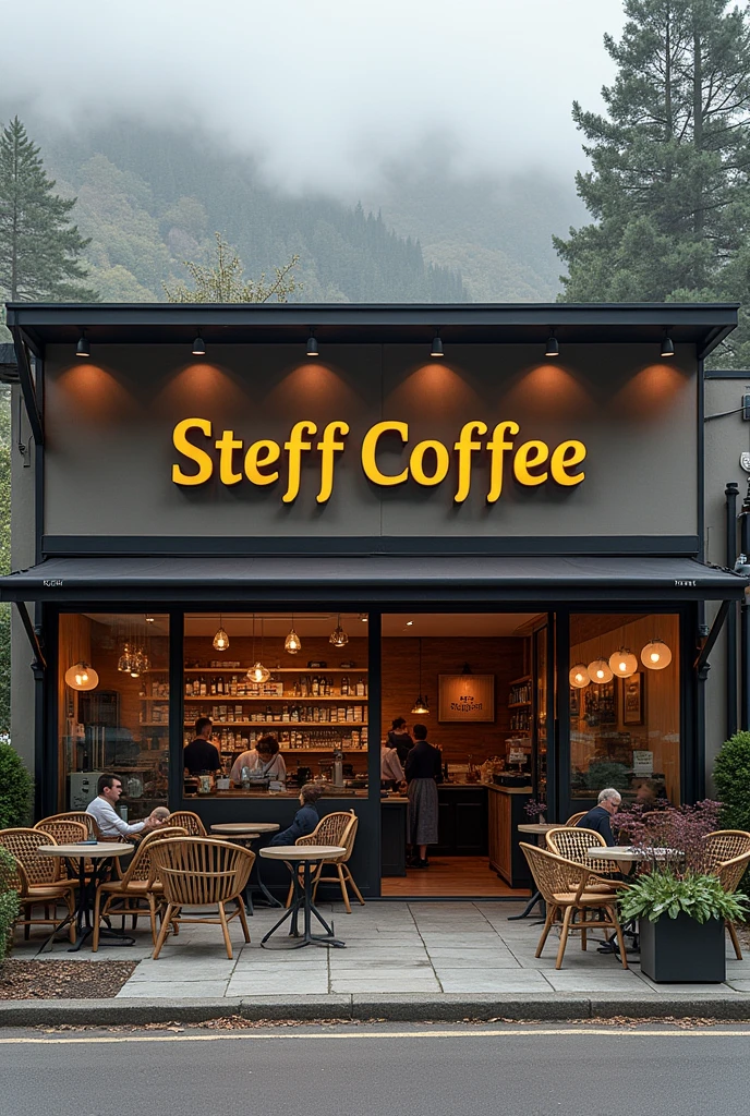 Take me a photo of a big cafeteria from the outside and the name Steff Coffe so it&#39;s realistic 