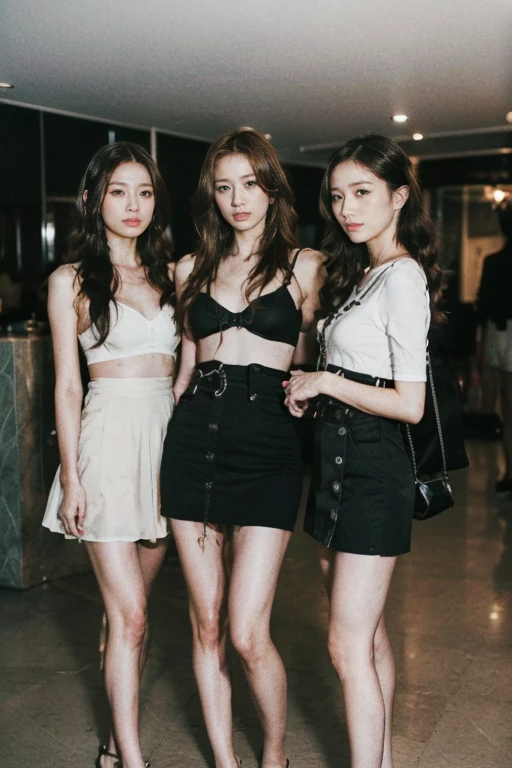 (8k, RAW photos, best quality, original photography:1.2),(Practical, photo-Practical:1.37), ((best quality)), Ultra-high resolution,Movie Lighting,Full body portrait, (tense atmosphere:1.2), (Modern fashion style:1.2), 3 women standing together,Very detailed face,Charming eyes,Stylish long hair,Perfect body,Beautiful long hair,Colorful suspender dress,Rock Style,Tattoo,Long slender legs,3 women standing in public bathroom