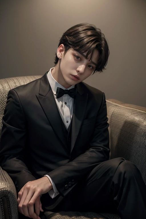 Jungkook short hair, straight, wearing a black formal suit, sitting facing forward in an elegant armchair
