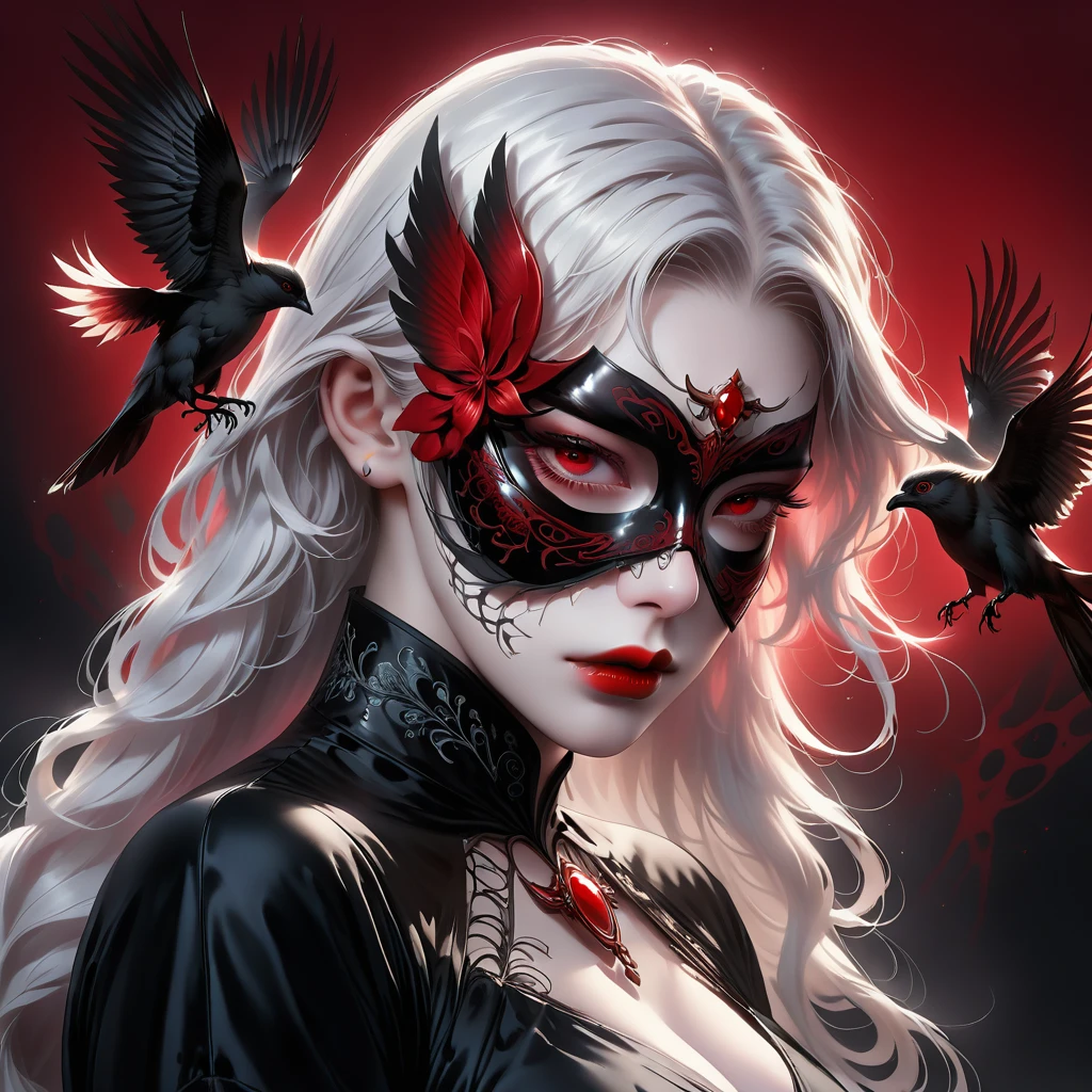 (hand holding mask:1.5),(White haired ghost,slickedback hair,Eyes red),(gothic art),(fearow:1.5),(Correct human anatomy:1.37)
