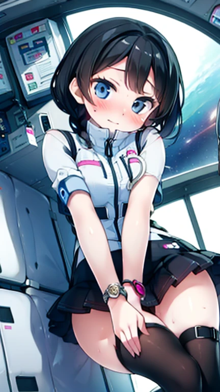 (Highest quality), (masterpiece), 1080P, High resolution, 4K, 8k, Inside the space station、Futuristic room、Thigh straps, Shooting from directly below, The woman on top of me, 白いSweat, Covered , Sweat, Woman looking down, Skirt swimsuit, Thigh-high socks, To achieve this, , , whole body, Black leather shoes, Braided hair, Inner Color, Embarrassed face, Short black hair, bracelet, Bedroom,celestial body_Vest