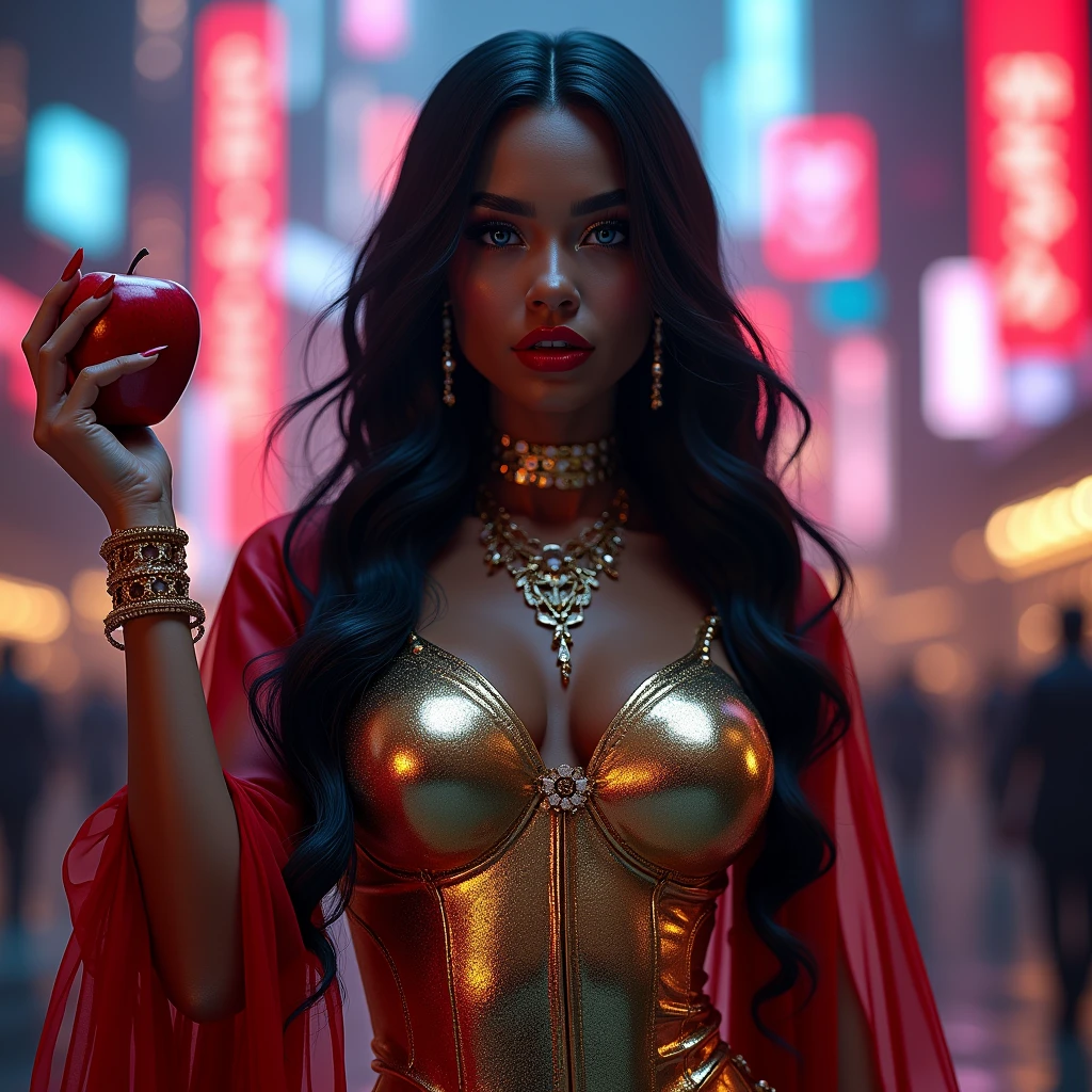 Girl macacão látex gold de frente de pé tênis branco ,Black long hair,Black Queen,accessories,Apple in hand,Poison apples,Witch Queen,Red lipstick , Masterpiece, high quality, high resolution, volumetric lighting, subsurface scattering, 8k, Beautiful woman, (morena olho azul skin), neon sky,cidade futurista neon, látex transparente vermelho, (large butt), large breasts, (long-sleeve blouse), (cotton-shorts:1.2), wavy